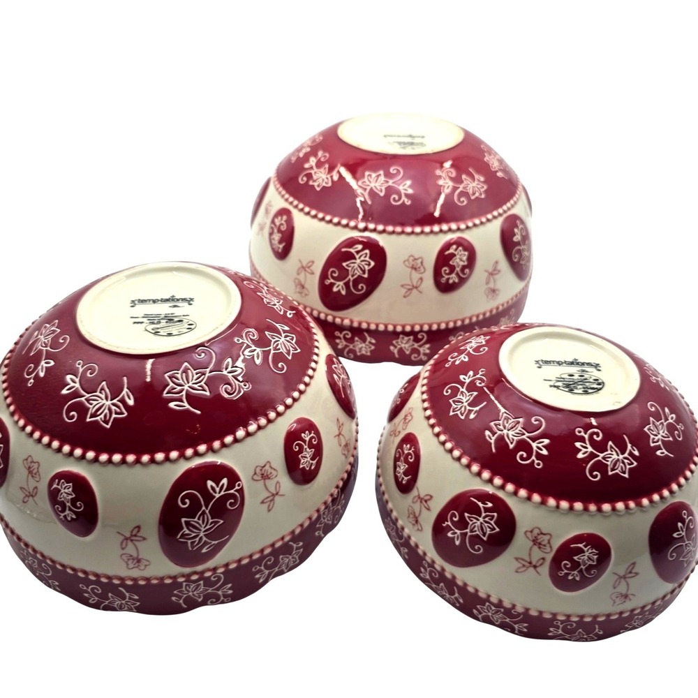 Temp-tations by Tara Floral Lace Cranberry Red 3 Piece Nesting Bowl Set K2